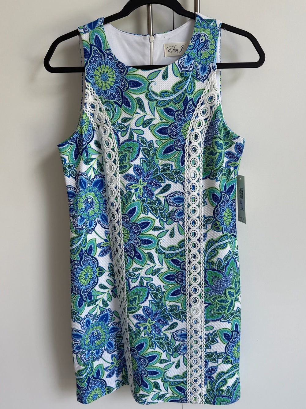 NWT Eliza J Blue Green Floral Sheath Dress Sz 6 Lace Trim Sleeveless Shift Dress